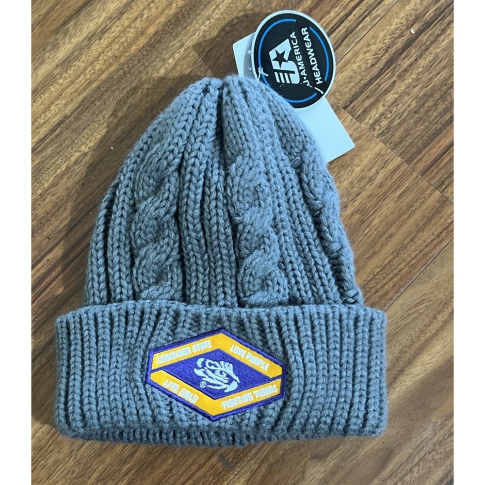 New LSU Tigers Eye Hex Patch Gray Cable Knit J-America‎ Beanie Womens